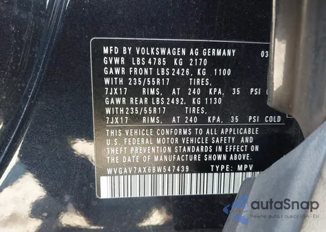2011 Volkswagen Tiguan Se z USA, uszkodzony, nr VIN WVGAV7AX6BW547439